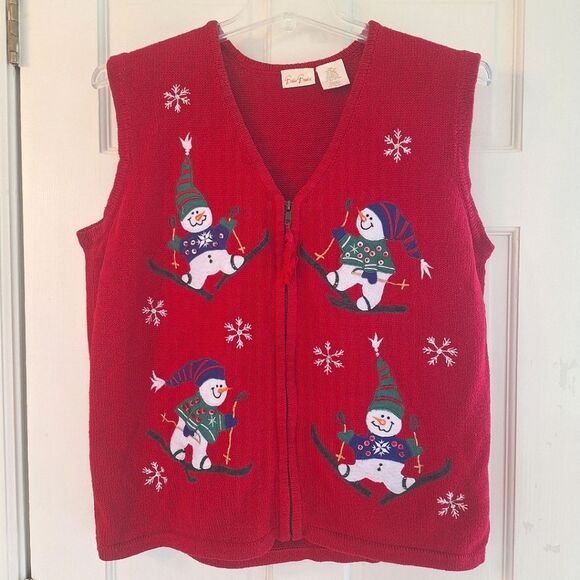 Vintage Bobbie Brooks Christmas Sweater Vest Skiing Snowmen Women's size XL - Picture 1 of 16